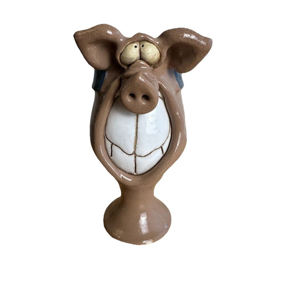 Handmade Pottery Pig Vase Planter Toothy Grin Folk Art Ceramic Pig